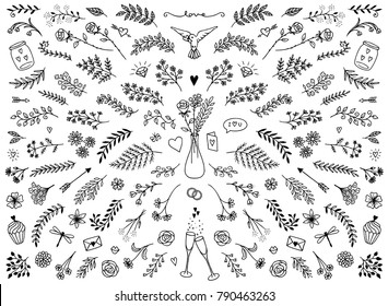 Hand sketched floral design elements for Valentine's Day or weddings, flowers and leaves for text decoration