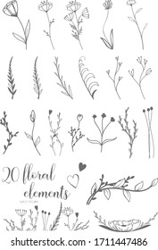 Handskizzierte Blumenelemente. Kräuter, Blätter, Blumen, Wildblumen. Dekorationselemente für Design-Einladung, Hochzeitskarten, Valentinstag, Grußkarten, Poster