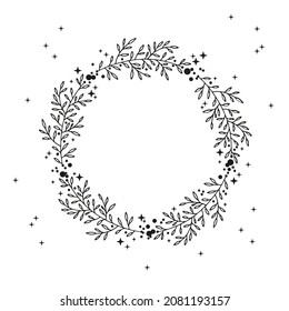 Hand sketched floral wreath, rustic cozy decor. Boho botanical design element, vector background template. Decorative frame.