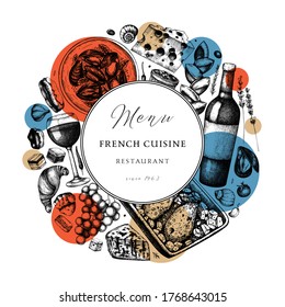 Hand sketched French cuisine wreath design. Delicatessen food and drinks trendy background. Perfect for recipe, menu, label, packaging. Vintage french food  and beverages template in collage style.