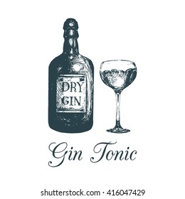 Hand Sketched Gin Bottle And Glass. Alcoholic Drink Drawing. Vector Illustration Of 
Traditional Cocktail For Cafe, Bar, Restaurant Menu.