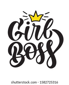 Hand sketched Girl Boss T-shirt lettering typography with crown. Drawn inspirational quotation, motivational quote. Fortune logotype, badge, poster, print, tag.  Vector illustration.