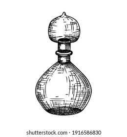 Hand sketched glass bottle illustration in vintage style. Glassware drawing for alchemy, medicine, cosmetics, or perfume. Alchemy laboratory equipment sketch. Magic lab tools isolated on white
