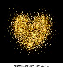 Hand sketched glitter heart background for Valentine's Day. Hand drawn heart for Valentine's Day card template. St. Valentine's Day golden banner, flyer. Romantic quote background