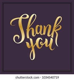 Hand sketched gold Thank you text on purple background as logotype, badge and icon, card, invitation, poster, banner template. Lettering typography. 