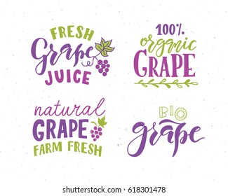 Hand sketched grape lettering typography. Concept for farmers market, organic food, natural product, juice, pie, jam. Drawn calligraphy fruit design style badge, icon, logo, banner, tag