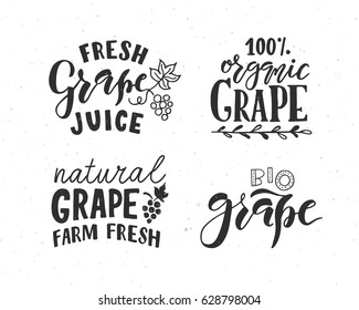 Hand sketched grape lettering typography. Concept for farmers market, organic food, natural product, juice, pie, jam. Drawn calligraphy fruit design style badge, icon, logo, banner, tag