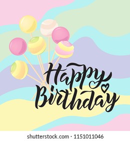 Hand sketched Happy Birthday text on textured background as badge, tag, icon, celebration card, invitation, postcard, banner template. Holiday lettering typography poster. Vector illustration.