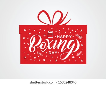 Hand sketched Happy Boxing Day text. White lettering on red background with christmas decor. Template for greeting card, flyer, poster, banner. EPS10