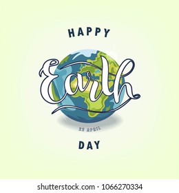 Hand sketched Happy Earth Day text with earth in flat style design. Great for logotype, badge, icon, card, invitation, poster, banner template. Celebration vector card. Lettering typography. 22 April.