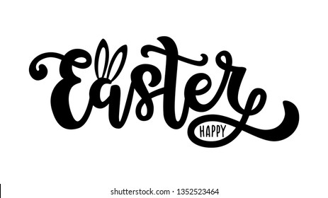 Hand sketched Happy Easter brush pen lettering typography with bunny ears on white background. Drawn ressurection sunday poster, logotype, icon, badge, card, banner, template, Paschal season greetings