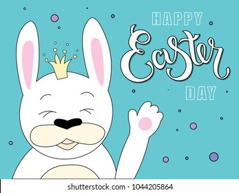 Hand sketched Happy Easter Day text with joyful white bunny and stars as Pascha logotype, badge and icon. Drawn Resurrection Sunday postcard, card, invitation, poster, banner template lettering.