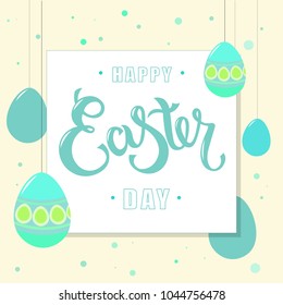 Hand sketched Happy Easter Day text with eggs as Pascha logotype, badge and icon. Drawn Resurrection Sunday postcard, card, invitation, poster, banner template lettering typography. Seasons Greetings