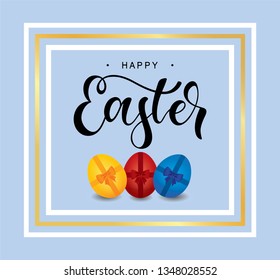 Hand sketched Happy Easter with golden frame. Modern calligraphy with set of Easter eggs with ribbons and bows. Lucky for postcard, card, invitation, poster, banner template. Vector illustration.