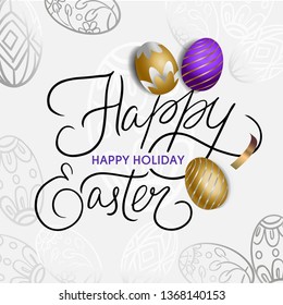 Hand sketched Happy Easter with golden egg. Drawn Resurrection Sunday postcard, card, invitation, poster, banner template lettering typography. Seasons Greetings - Vector