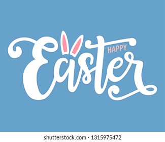 Hand sketched Happy Easter lettering typography with bunny ears on blue background. Drawn ressurection sunday poster, logotype, icon, badge, card, banner, template, postcard, Pascha seasons greetings 