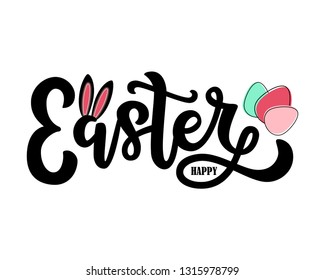 Hand sketched Happy Easter lettering typography with eggs and bunny ears on whit background. Drawn ressurection sunday poster, logotype, icon, badge, card, banner, template, Paschal seasons greetings 