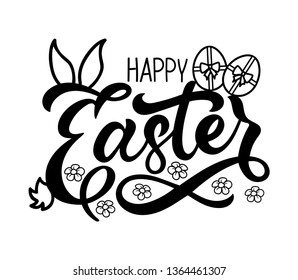 Hand sketched Happy Easter with rabbit ears and tail, flowers and eggs typography lettering poster. Modern calligraphy. Black sign isolated on white background. Vector illustration.