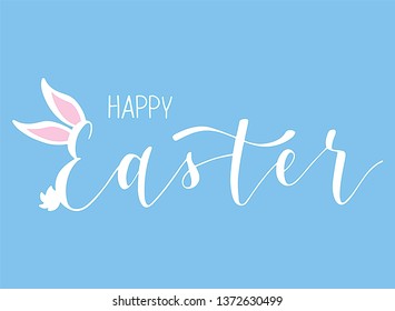 Hand sketched Happy Easter with rabbit ears and tail typography lettering poster. Modern calligraphy. White sign isolated on blue background. Vector illustration.