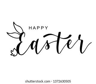 Hand sketched Happy Easter with rabbit ears and tail typography lettering poster. Modern calligraphy. Black sign isolated on white background. Vector illustration.