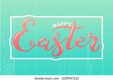 Hand sketched Happy Easter text on blue background. Pascha logo, badge and icon. Drawn Resurrection Sunday postcard, card, invitation, poster, banner template lettering typography. Seasons Greetings.