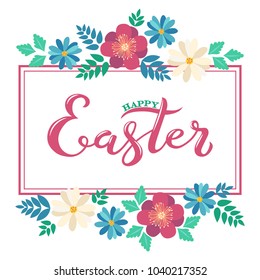 Hand sketched Happy Easter text as Pascha logotype, badge and icon. Drawn Resurrection Sunday postcard, card, invitation, poster, banner template lettering typography. Season Greetings in flower frame