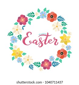 Hand sketched Happy Easter text as Pascha logotype, badge and icon in flower wreath. Drawn Resurrection Sunday postcard, card, invitation, poster, banner template lettering typography. Season Greeting