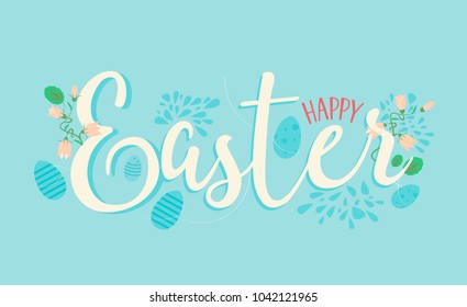 Hand sketched Happy Easter text as Pascha logotype, badge, icon, concept. Easter sale banner background template with elegant ornament spring flowers and eggs. Vector illustration.