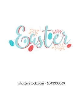 Hand sketched Happy Easter text as Pascha logotype, badge, icon, concept. Easter sale banner background template with elegant ornament spring flowers and eggs. Vector illustration.
