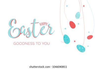 Hand sketched Happy Easter text as Pascha logotype, badge, icon, concept. Easter sale banner background template with elegant ornament spring flowers and eggs. Vector illustration.