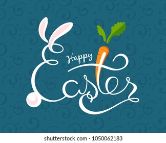 Hand sketched Happy Easter text. Drawn Resurrection Sunday postcard, card, invitation, poster, banner template lettering typography. The E stylized rabbit 2