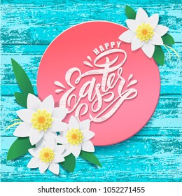 Hand sketched Happy Easter text as Pascha logotype, badge and icon on blue wood background. Drawn Resurrection Sunday postcard, card, invitation, poster, banner template lettering typography. 
