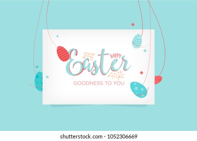 Hand sketched Happy Easter text as Pascha logotype, badge, icon, concept. Easter sale banner background template with elegant ornament spring flowers and eggs. Vector illustration.