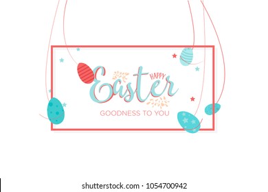Hand sketched Happy Easter text as Pascha logotype, badge, icon, concept. Easter sale banner background template with elegant ornament spring flowers and eggs. Vector illustration.