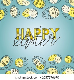 Hand sketched Happy Easter text on light background with outline easter eggs. Decorative horizontal stripe from eggs with spots. Vector illustration.