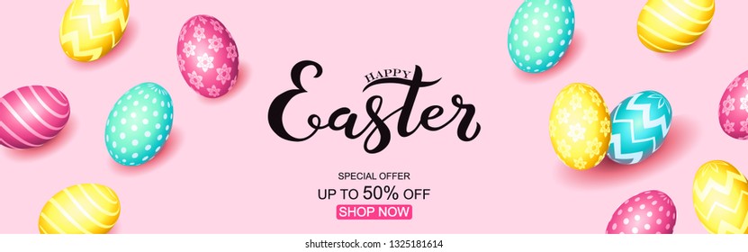 Hand sketched Happy Easter text, sale tag. Hand drawn Easter sale special offer poster, online shopping banner template, lettering typography. Motivational text with egg frame on pink background.