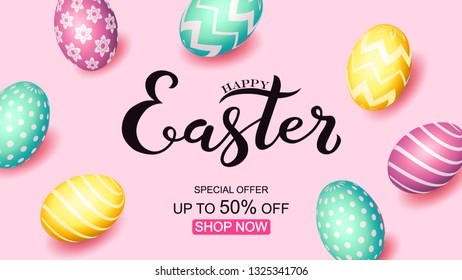 Hand sketched Happy Easter text, sale tag. Hand drawn Easter sale special offer poster, online shopping banner template, lettering typography. Motivational text with egg frame on pink background.