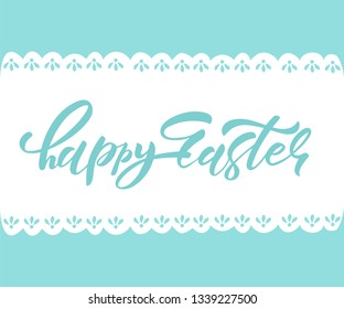 Hand sketched Happy Easter text as Pascha logotype, badge and icon. Drawn Resurrection Sunday postcard, card, invitation, banner template lettering with an cartoon illustration . EPS 10