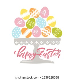 Hand sketched Happy Easter text as Pascha logotype, badge and icon. Drawn Resurrection Sunday postcard, card, invitation, banner template lettering with an cartoon illustration . EPS 10