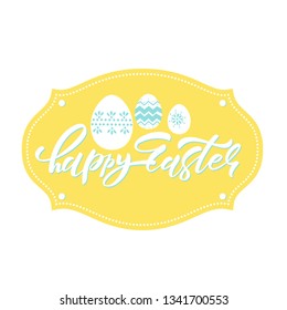 Hand sketched Happy Easter text as Pascha logotype, badge and icon. Drawn Resurrection Sunday postcard, card, invitation, banner template lettering with an cartoon illustration . EPS 10