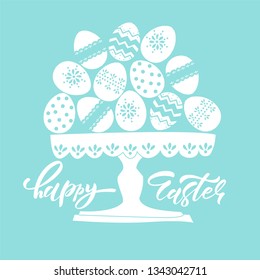 Hand sketched Happy Easter text as Pascha logotype, badge and icon. Drawn Resurrection Sunday postcard, card, invitation, banner template lettering with an cartoon illustration . EPS 10