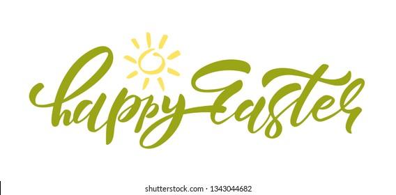 Hand sketched Happy Easter text as Pascha logotype, badge and icon. Drawn Resurrection Sunday postcard, card, invitation, banner template lettering with an cartoon illustration . EPS 10