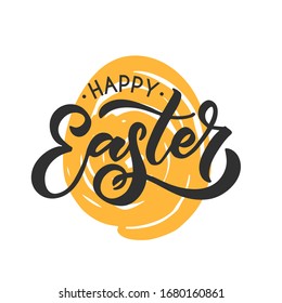 Hand sketched Happy Easter text as logotype, badge and icon. Easter postcard, card, invitation, flyer, banner template. Easter lettering typography. Season's Greetings. Easter egg hunt vector design