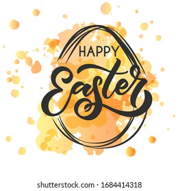 Hand sketched Happy Easter text as logotype, badge and icon. Easter postcard, card, invitation, flyer, banner template. Easter lettering typography. Season's Greetings. Easter egg hunt vector design