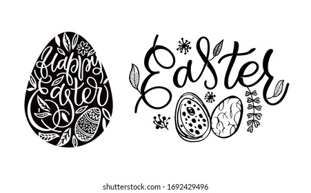 Hand sketched Happy Easter text as logotype, badge and icon. Easter postcard, card, invitation, flyer, banner template. Easter lettering typography. Season's Greetings. Easter egg hunt vector design