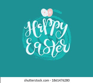 Hand sketched Happy Easter text as logotype, badge and icon. Easter postcard, card, invitation, flyer, banner template. Easter lettering typography. Season's Greetings. Easter egg hunt vector design.