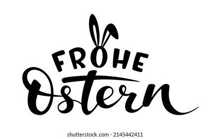 Hand sketched "Happy Easter" text in German decorated by bunny ears. Vector hand drawn illustration for banner, poster, flyer, greeting card. Season greeting 