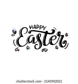 Hand sketched Happy Easter text as logotype, badge and icon. Easter postcard, card, invitation, flyer, banner template. Easter lettering typography. Season's Greetings. Easter egg hunt vector design