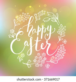 Hand sketched Happy Easter text as logotype, badge and icon. Hand drawn  postcard, card, invitation, poster, banner template. Lettering typography. Seasons Greetings