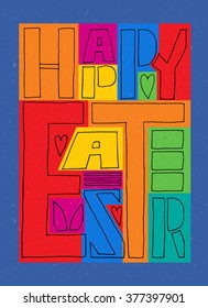 Hand sketched Happy Easter text as logotype, badge and icon. Drawn  postcard, card, invitation, poster, banner template. Lettering typography. Seasons Greetings
